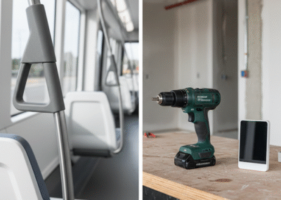 A drill on the right side, publc bus on the left. Its intended to show two examples of how resins solve real world construction and transportation problems.