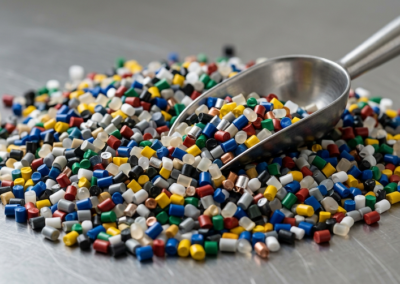 Hyperrealistic close-up macro photograph of a large pile of multicolored thermoplastic resin pellets. Small cylindrical plastic granules in a wide variety of solid colors: deep blue, red, yellow, green, black, white, gray, translucent natural, and a few metallic shades. Pellets are uniform in size, slightly glossy, scattered to form a shallow mound. A clean stainless steel scoop is dipped into the pile from the upper right, lifting a small portion of pellets. Shot from a slight overhead angle, studio lighting, soft shadows, shallow depth of field with the foreground pellets in sharp focus. Industrial yet clean aesthetic, neutral background. 16:9 horizontal composition suitable for a blog featured image. No text, no logos, no people.