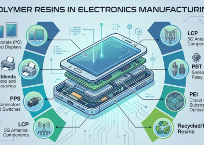 A clean, digital infographic illustration with a light-blue and green color palette, titled "POLYMER RESINS IN ELECTRONICS MANUFACTURING." The central element is a schematic, deconstructed cross-section of a futuristic electronic device (like a smartphone or tablet), showing internal layers and components. Lines connect specific parts to six segmented bubbles surrounding the central image. Each bubble features icons, text labels, and illustrations of materials and applications: Polycarbonate (PC) for Enclosures and Displays (smartphone and tablet icons); PC-ABS blends for Laptop and Printer Housings; PPS for High-Heat Connectors and Switches (with a miniature connector illustration); LCP for 5G Antenna Components (with antenna array diagram); PBT for Sensor and Relay Housings (with industrial component icons); and PEI for Circuit Board Substrates and Optical Lenses (showing a microscopic view). A separate circular icon features "Recycled/Bio-based Resins" with a leaf and recycling symbol. The background consists of simplified circuit patterns and abstract connectivity lines.