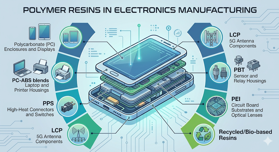 A clean, digital infographic illustration with a light-blue and green color palette, titled "POLYMER RESINS IN ELECTRONICS MANUFACTURING." The central element is a schematic, deconstructed cross-section of a futuristic electronic device (like a smartphone or tablet), showing internal layers and components. Lines connect specific parts to six segmented bubbles surrounding the central image. Each bubble features icons, text labels, and illustrations of materials and applications: Polycarbonate (PC) for Enclosures and Displays (smartphone and tablet icons); PC-ABS blends for Laptop and Printer Housings; PPS for High-Heat Connectors and Switches (with a miniature connector illustration); LCP for 5G Antenna Components (with antenna array diagram); PBT for Sensor and Relay Housings (with industrial component icons); and PEI for Circuit Board Substrates and Optical Lenses (showing a microscopic view). A separate circular icon features "Recycled/Bio-based Resins" with a leaf and recycling symbol. The background consists of simplified circuit patterns and abstract connectivity lines.